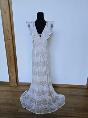 Aqua Cream Lace Wedding Gown with Ruffled Cap Sleeves